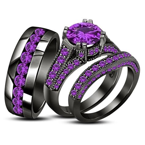 Purple Amethyst Trio His Her Matching Engagement Bridal Ring Set Black Gold Fn #aonedesi ...