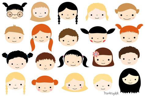 Cute kid faces clipart set, Kawaii children faces clip art, Cute kids ...