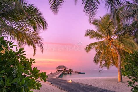 Maldives Resort Island in Sunset with Wooden Pier, Amazing Colorful Sky ...