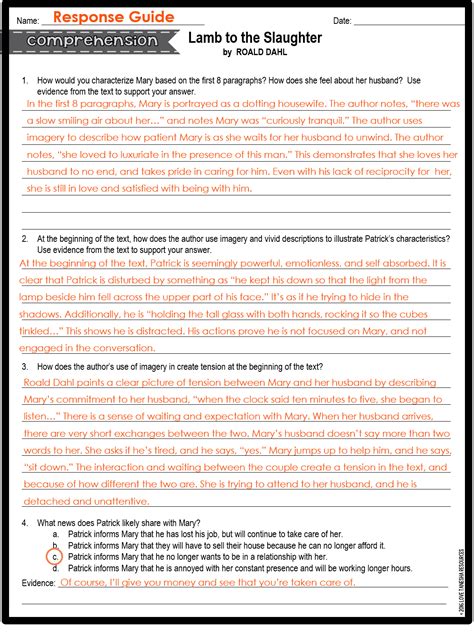 Lamb To The Slaughter - Comprehension Questions / Answers - Worksheets Library