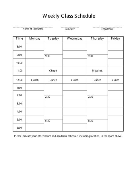 Weekly Class Schedule Template - Table Download Printable PDF ...