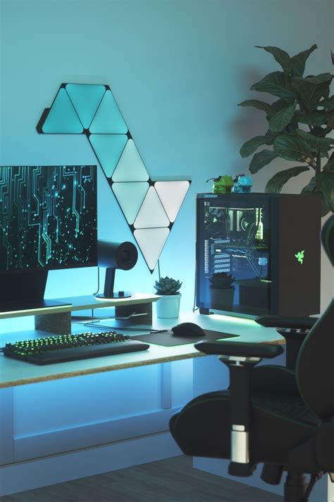 Clean RGB Gaming Setup with Black Triangle LED Lights | Triangle led lights, Nanoleaf designs ...