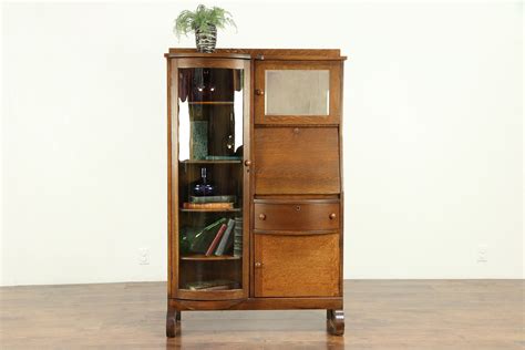 Oak Antique Side By Side Secretary Desk & Bookcase, Curved Glass