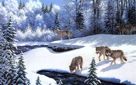 1920x1200 animals, art, bright, cold, forest, landscapes, nature, oil ...