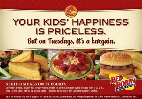 $1 Kid's Meals On Tuesdays | Kids meals, Red robin coupons, Red robin burgers