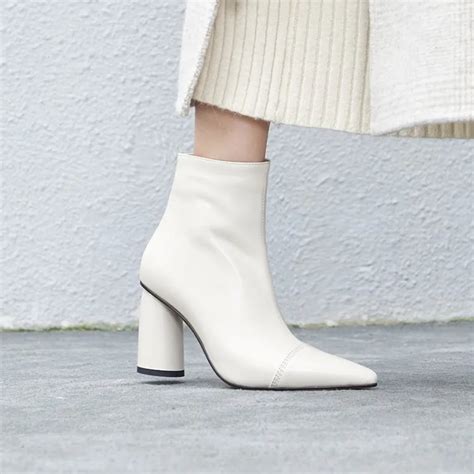 Elegant Lady White Leather Boots Round Heel Pointed Toe Zipper Ankle ...