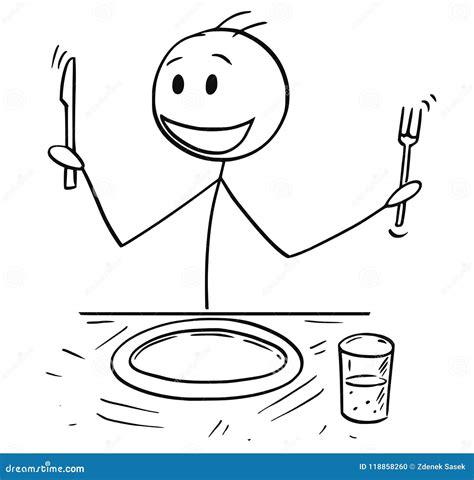 Cartoon of Hungry Man with Fork and Knife Waiting for Food Stock Vector - Illustration of ...