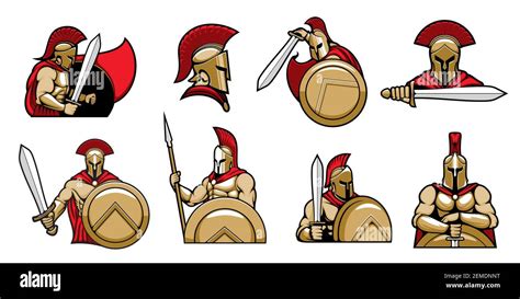 Spartan warriors, knights with helmet and shield, Medieval gladiator in armor with sword, vector ...