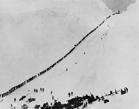 Klondike Gold Rush prospectors climbing the Chilkoot Trail carrying all their gear on their ...