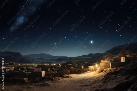 Christmas star over city of Bethlehem. Nativity story. Birth of Jesus Christ. Beautiful dark ...