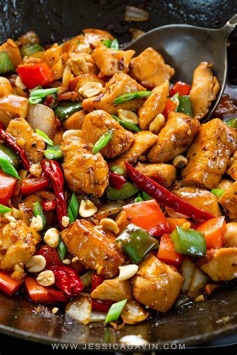 Kung pao chicken recipe with bell peppers, onions, lean white meat, and a spicy sauce that ...