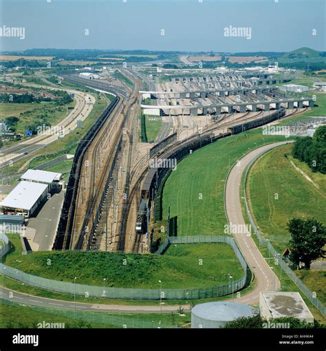 Eurostar train Eurotunnel Terminal Folkestone Kent UK aerial view Stock ...