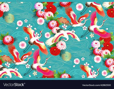 Spring japanese background with fans and cranes Vector Image