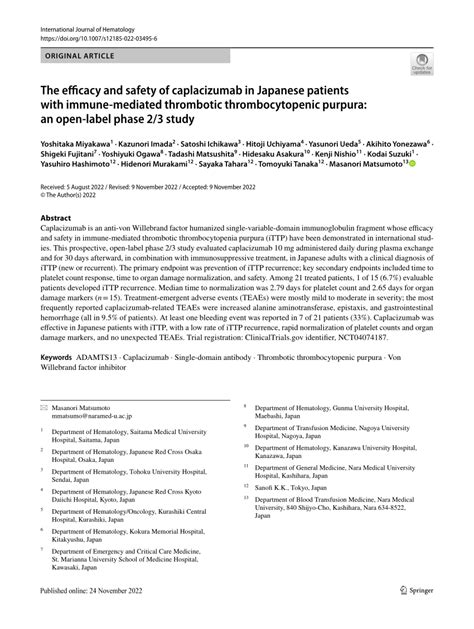 (PDF) The efficacy and safety of caplacizumab in Japanese patients with immune-mediated ...