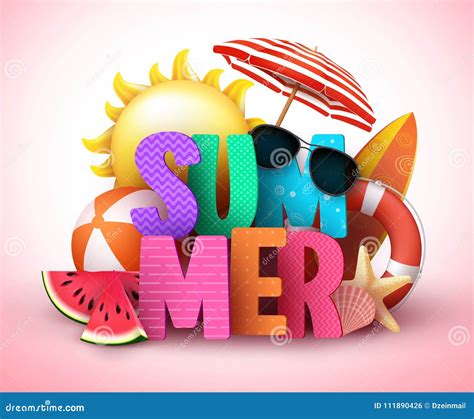 Summer 3d Text Vector Banner Design with Colorful Title and Realistic Tropical Beach Elements ...