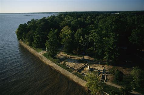 Aerial of excavated early 17th-century site of James Fort, Jamestown on ...