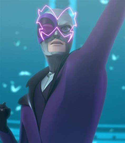 the animated character is dressed in purple and has his arm up to the side as he points