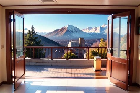 Premium AI Image | A view of a mountain range from a balcony with a door open to a balcony with ...