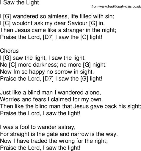 Old time song lyrics with guitar chords for I Saw The Light G