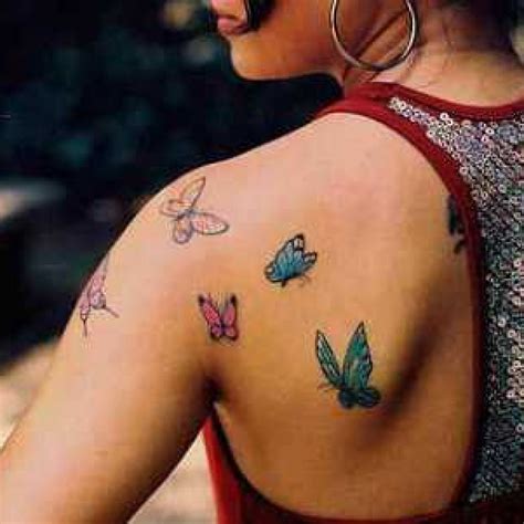 Colored Butterfly Tattoos On Left Back Shoulder