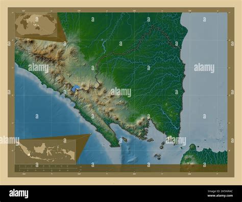 Lampung, province of Indonesia. Colored elevation map with lakes and ...