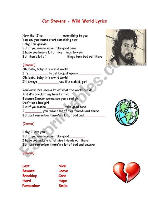 Wild World Lyrics by Cat Stevens - ESL worksheet by jonnyc81