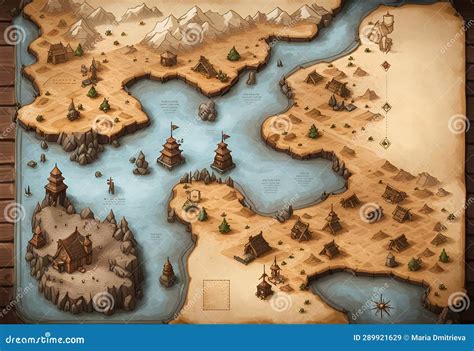 An AI-generated Map for Adventure Games. Terrain and River Stock Illustration - Illustration of ...