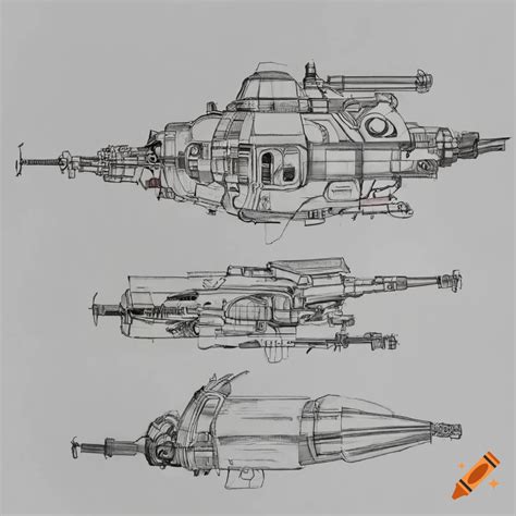 Technical drawing of a martian gunboat in ghibli style on Craiyon