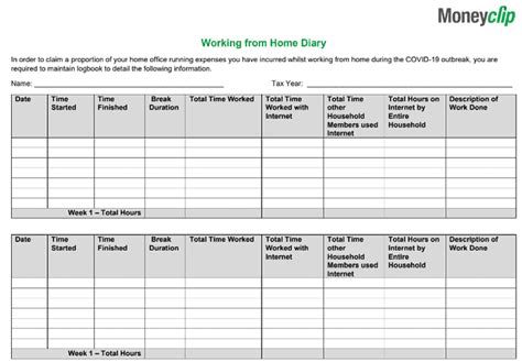 Working from home diary template - Moneyclip – we're with you for life