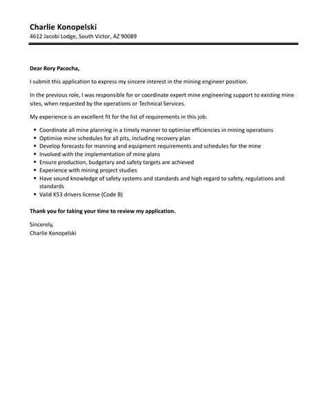 Mining Engineer Cover Letter | Velvet Jobs