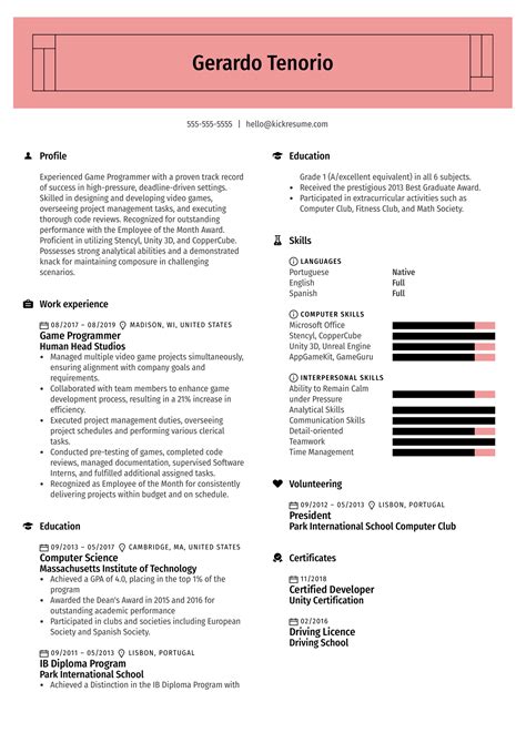 Game Programmer Resume Example | Kickresume