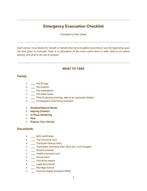 Printable Evacuation Checklist