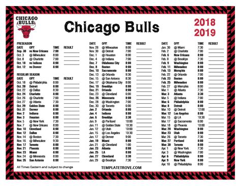 Printable 2018-2019 Chicago Bulls Schedule