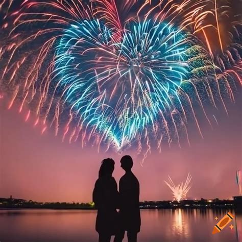 Lovers under colorful fireworks forming a heart in the night sky on Craiyon