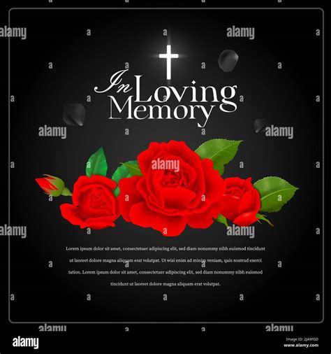 Realistic black in loving memory funeral poster with red roses and ...