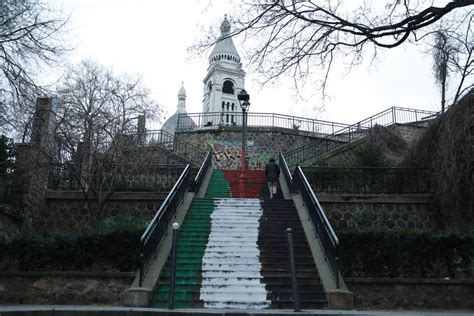 Stairs leading to Sacre Coeur Basilica in Paris painted in colours of Palestinian flag – Middle ...