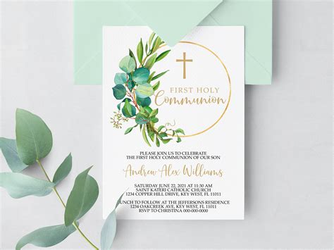 Greenery First Holy Communion Invitation EDITABLE Template | Etsy