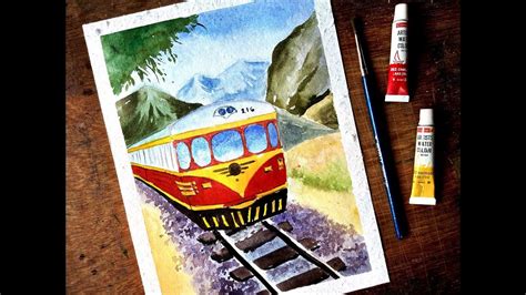 Simple Watercolor Painting - Train and Mountain Landscape - YouTube