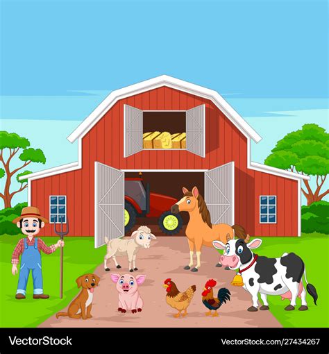 Cartoon farmer and farm animals in barnyard Vector Image