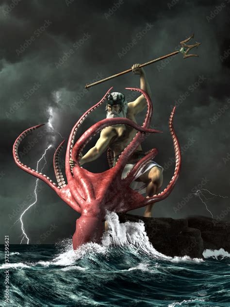 Poseidon, the ancient Greek got of the sea does battle with the Kraken, a giant octopus. The two ...