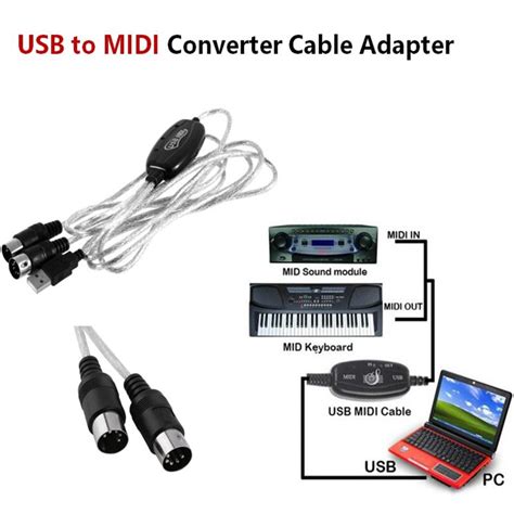 USB IN-OUT MIDI Interface Cable Converter PC To Music Keyboard Cord ...