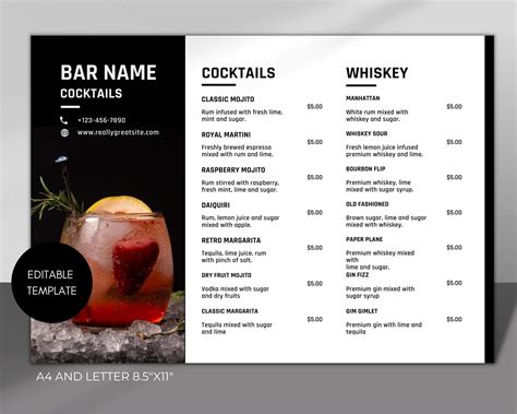 Cocktail Menu Template, Editable Drink Menu Template, Restaurant Cocktails Menu, Customizable ...