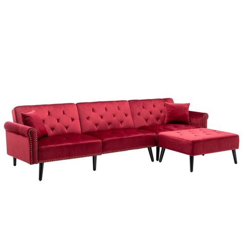 Piper Jujube Red Velvet Sofa Bed with Ottoman and 2 Accent Pillows ...