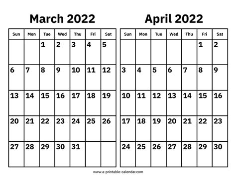 March and April 2022 Calendar - A Printable Calendar