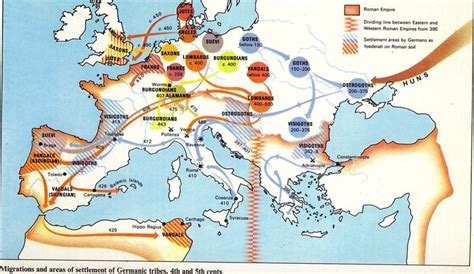 Migrations of barbarians and areas of settlement of Germanic tribes. 4th century and 5th century ...