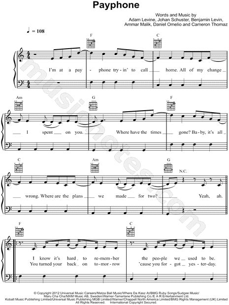 Maroon 5 feat. Wiz Khalifa "Payphone" Sheet Music (Easy Piano) in C ...