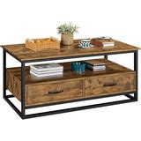 SMILE MART Metal Frame Vintage Coffee Table with Open Storage Shelves and 2 Drawers, Rustic ...