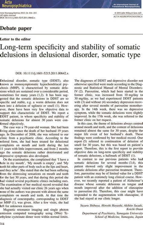 Long-term specificity and stability of somatic delusions in delusional disorder, somatic type ...