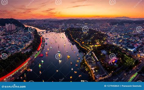 Aerial View of Jinju Namgang Yudeung Festival in Jinju City, Sou Stock Photo - Image of ...