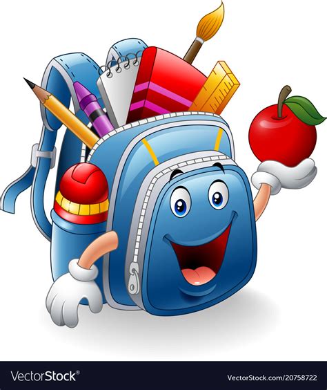 Cartoon school bag holding red apple Royalty Free Vector